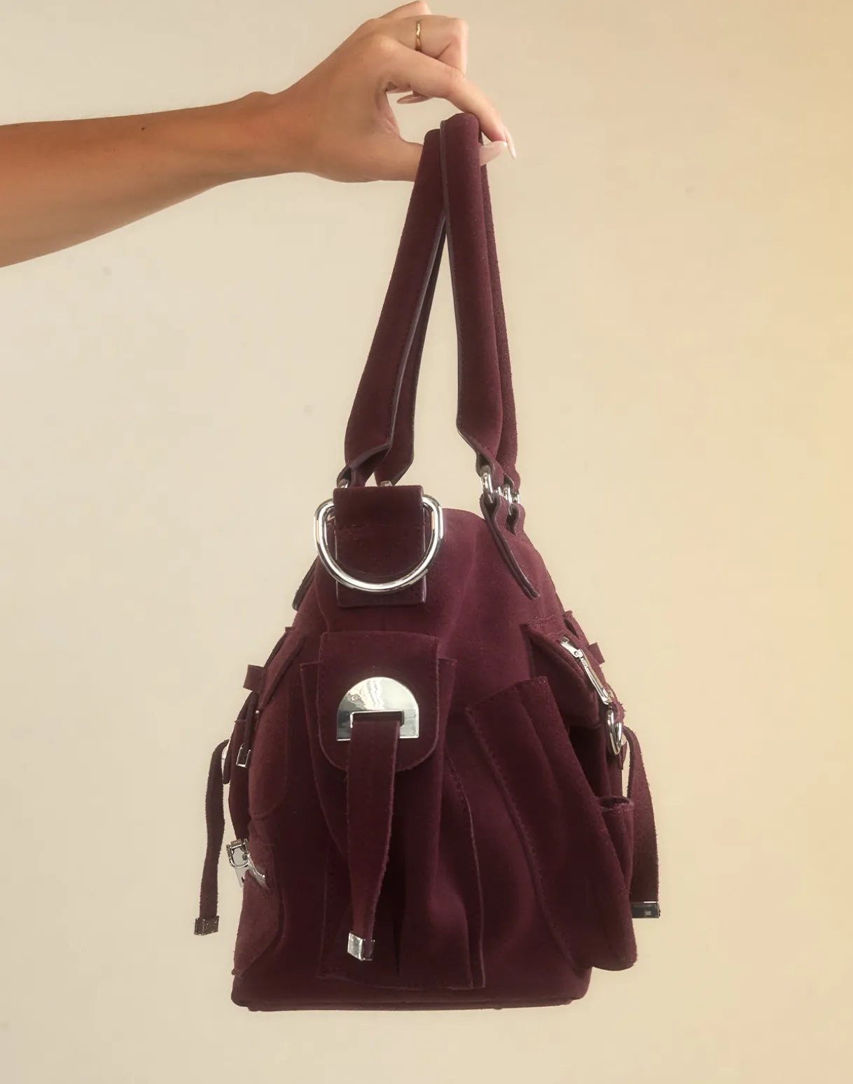 Suede Cargo Pocket Shoulder Bag