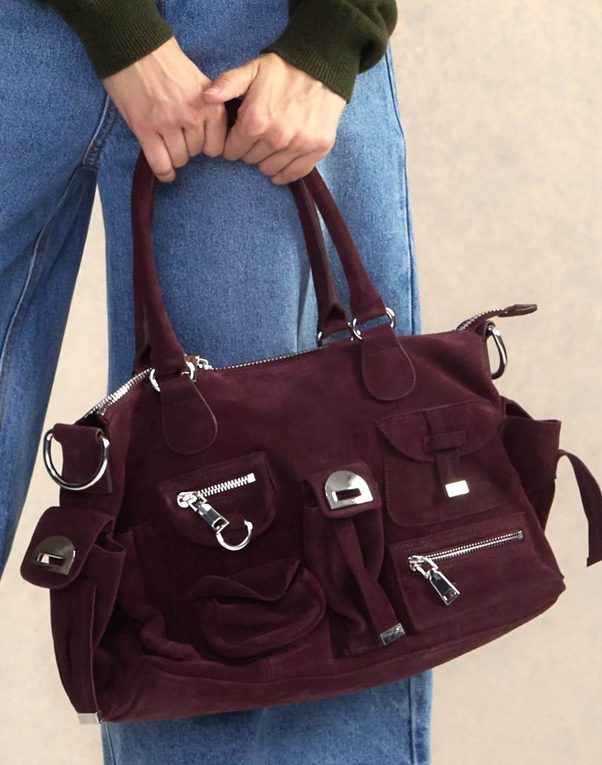 Suede Cargo Pocket Shoulder Bag